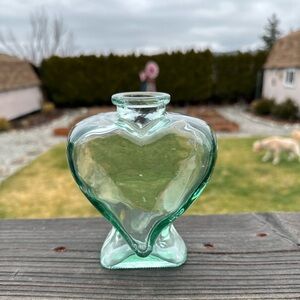 Light Sage Green Heart Shaped Pressed Glass Bottle w/bubbles on bottom 5.5 In